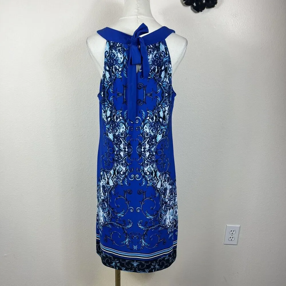 Sangria Dress Womens Large Blue Graphic Halter Shift Knee Length Party Cocktail - Picture 2 of 6